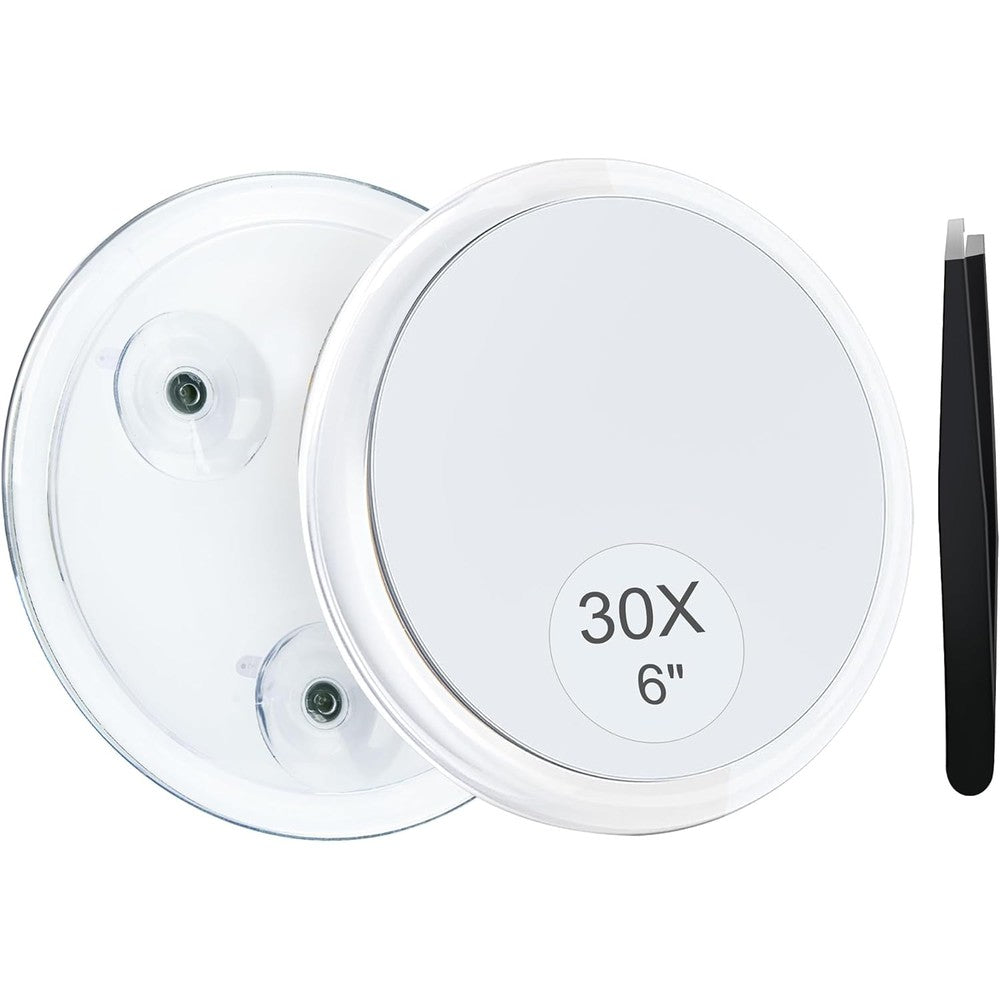 MIYADIVA 30X magnifying mirror front view highlighting the clear six inch glass lens for precise makeup application