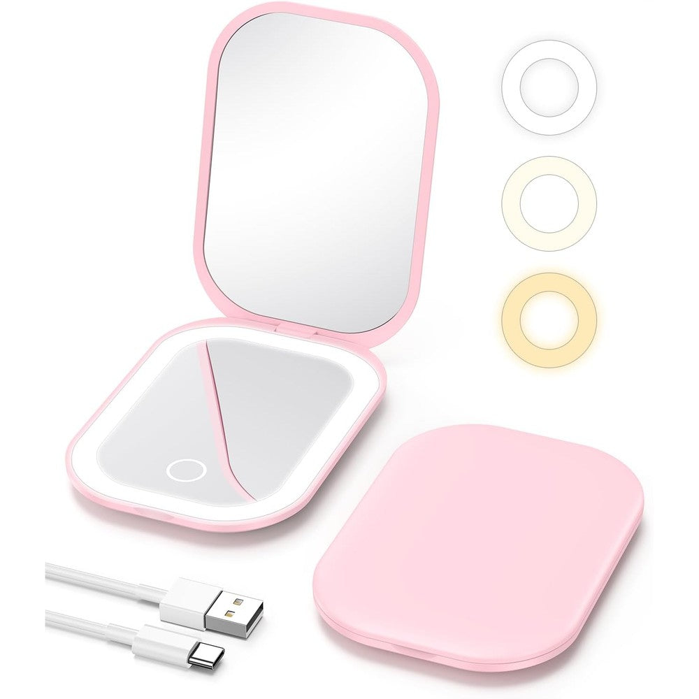 Gospire lighted travel makeup mirror pink front view showing dual magnification glass