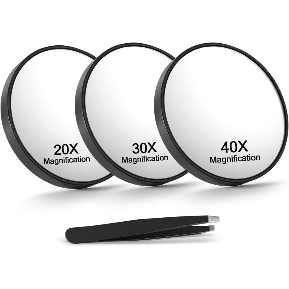 Macaki magnifying mirror set front view showing three black compact mirrors with tweezers.