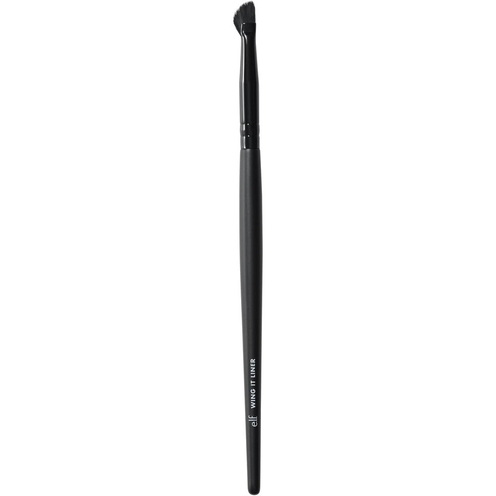 e.l.f. Wing It Liner Brush front view showing the uniquely curved synthetic bristle head and black handle.