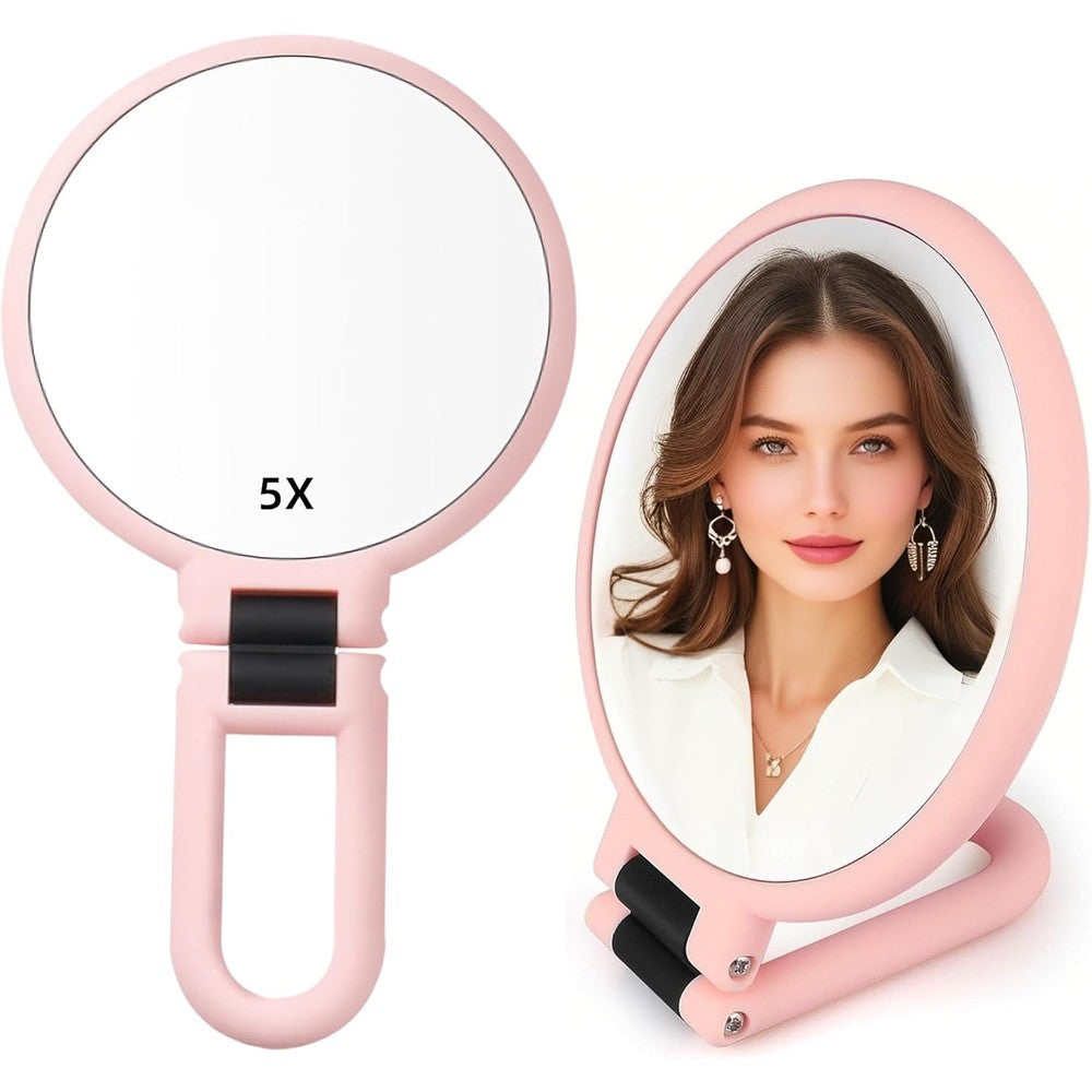 Stianiiie handheld travel mirror front view showing pink frame and high definition standard glass reflection