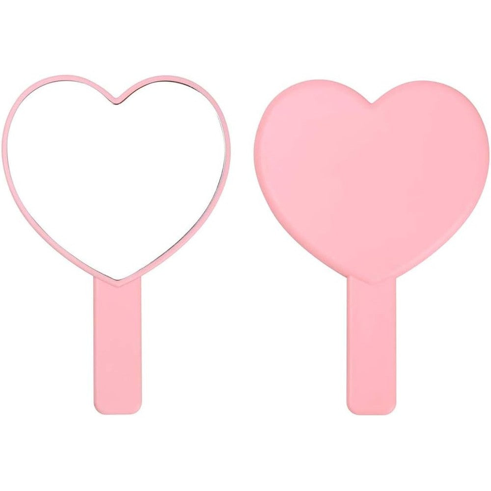 TBWHL heart shaped travel handheld mirror front view showing the pink cosmetic frame and high definition reflective glass surface.