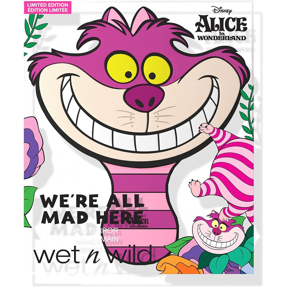 Wet n Wild Alice in Wonderland We Are All Mad Here Hand Mirror front view featuring the vibrant Cheshire Cat design for authentic makeup application.