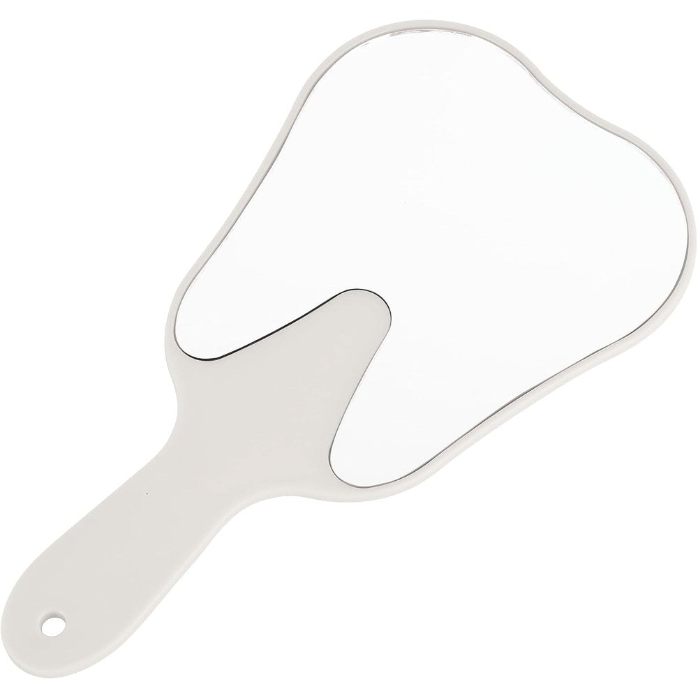 Annhua handheld tooth shaped mirror front view showing crisp white frame and clear reflection glass.