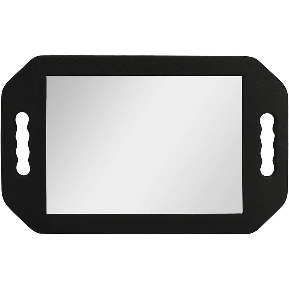 Barber Trade hairdressing foam mirror front view showing rectangular glass and black frame.