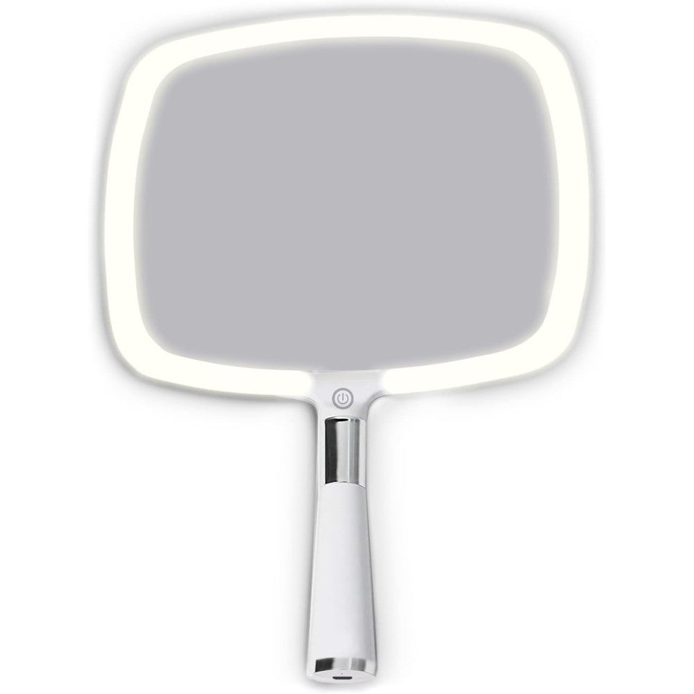 Mirrorvana lighted travel hand mirror front view showing rectangular glass and white frame