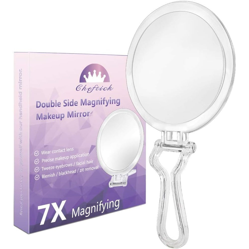 Cheftick double sided hand held mirror front view showing transparent round frame