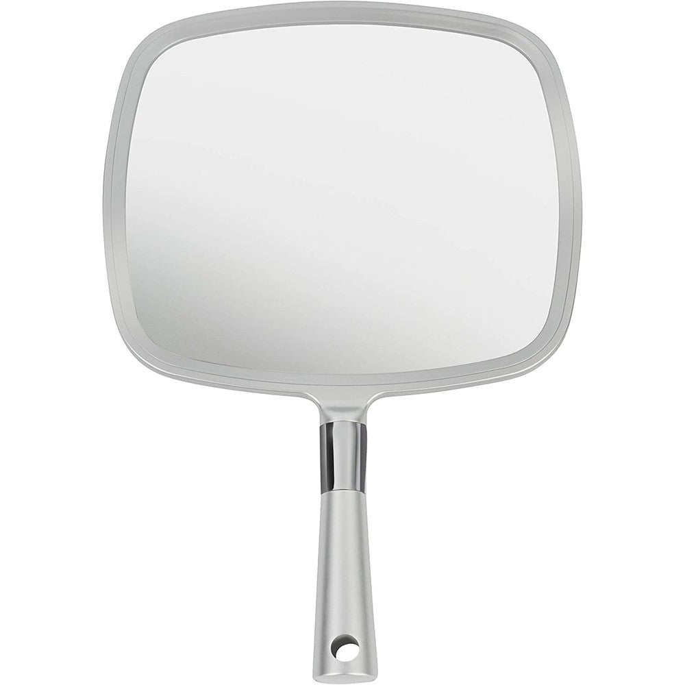 Mirrorvana professional large hand mirror front view showing the wide silver luxe frame and ergonomic handle.