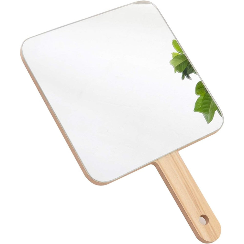 TOF&HAMY Handheld Travel Mirror front view featuring the natural wood square frame and clear glass surface.