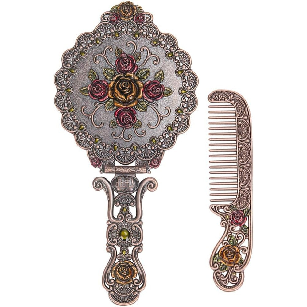 Nerien vintage mirror comb set copper front view showcasing antique embossed rose pattern