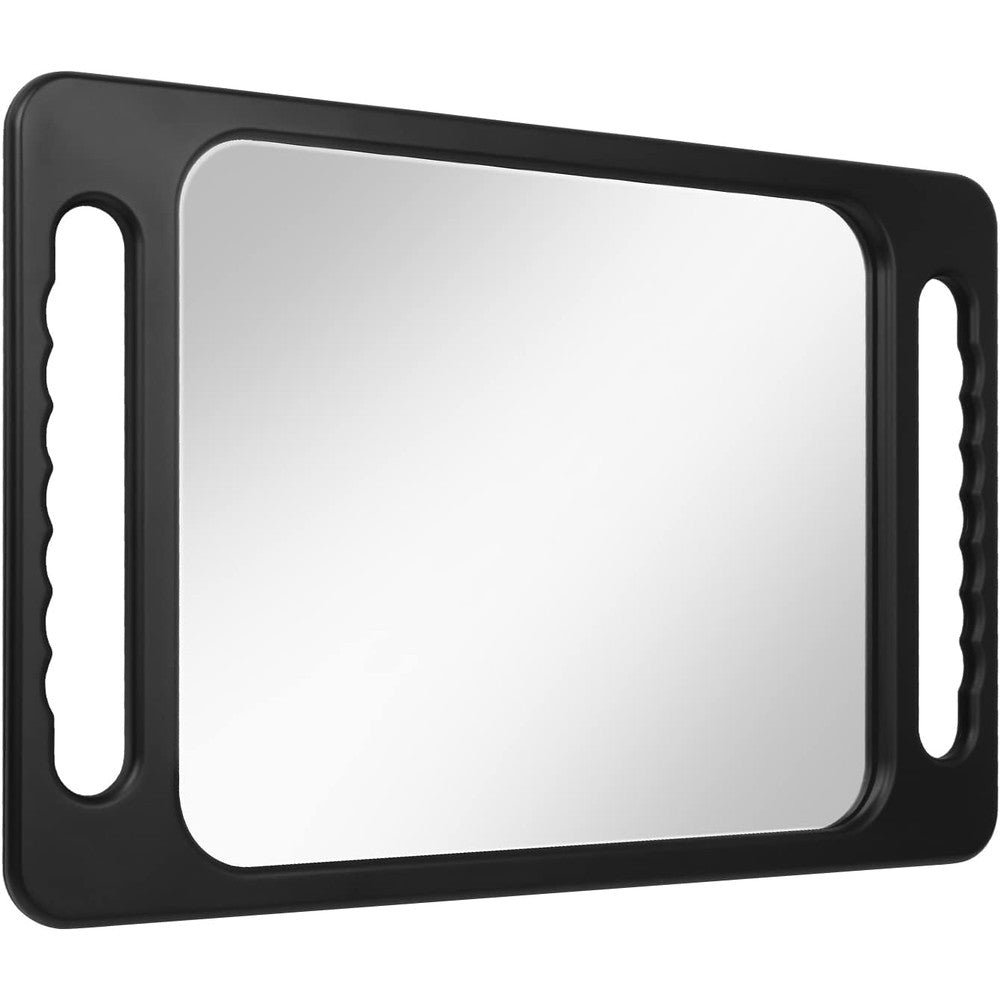 Mineloff drop proof hand mirror front view showcasing the large black rectangular frame and dual handles for professional hair styling.