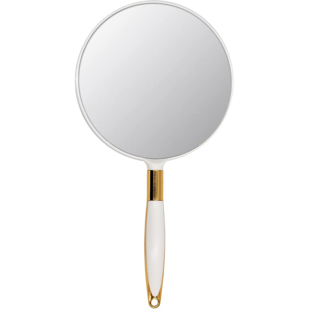 Eaoundm round hand held mirror in white color showing front view of the high-definition glass surface.