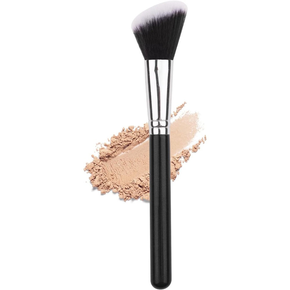 IPRESTA Angled Blush Brush F09 front view showcasing the shiny black wooden handle and dense bristles.