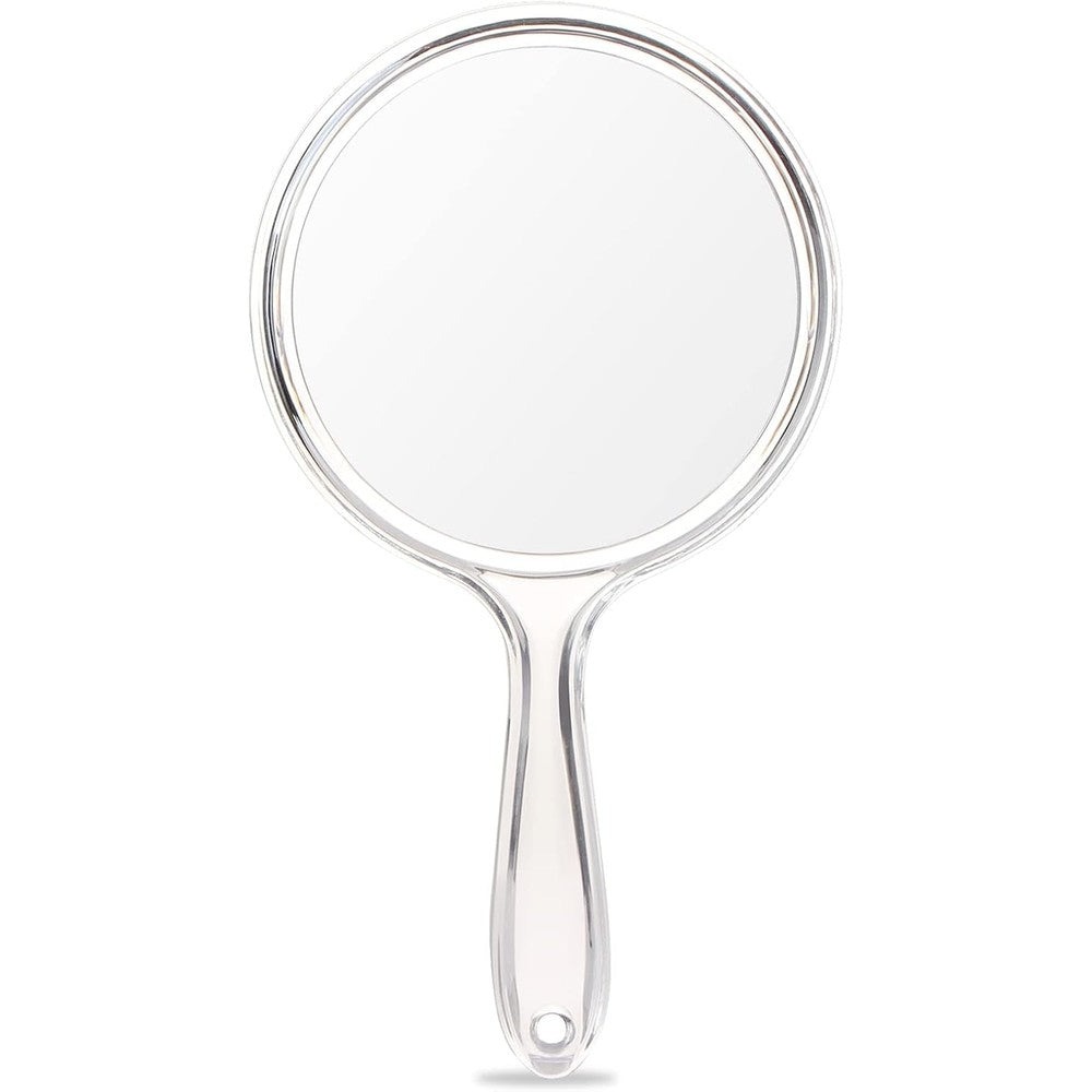 OMIRO hand mirror front view showing clear transparent frame for makeup grooming