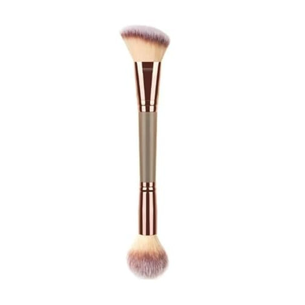 LEEQ dual ended makeup brush front view showing the round and angled synthetic bristle heads for seamless foundation blending.