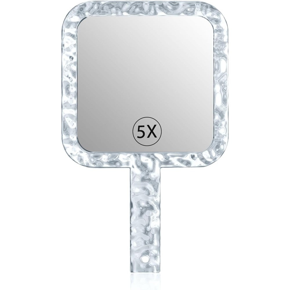 YEAKE hand mirror front view showcasing the transparent square frame and dual sided magnifying glass.