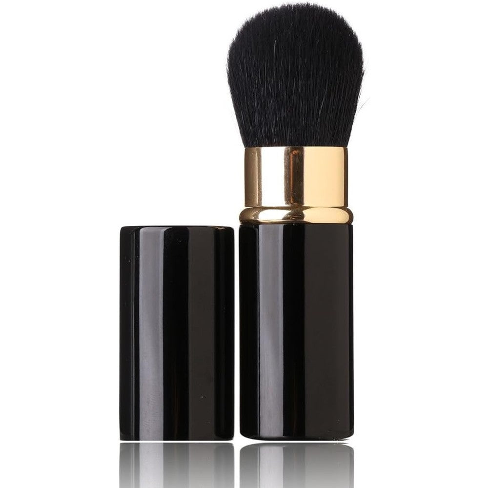 Textention Aguder retractable makeup brush front view featuring black and gold aluminum case