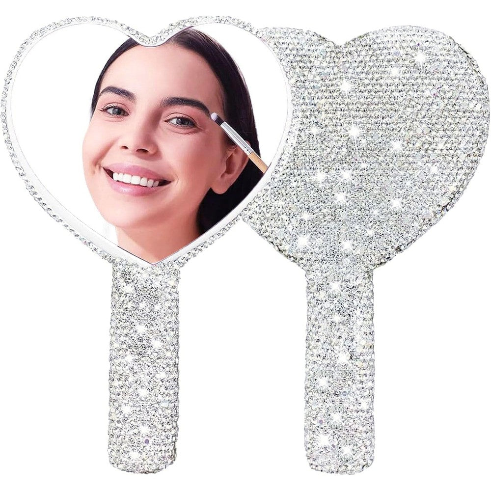 Frinnovan Rhinestone Heart Handheld Mirror front view showing silver glitter sparkle