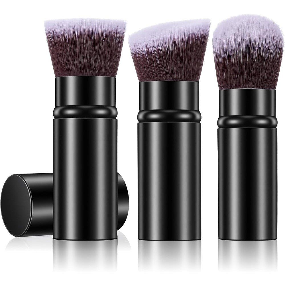 Banidy Retractable Makeup Brush Set front view of three travel kabuki face brushes with protective covers