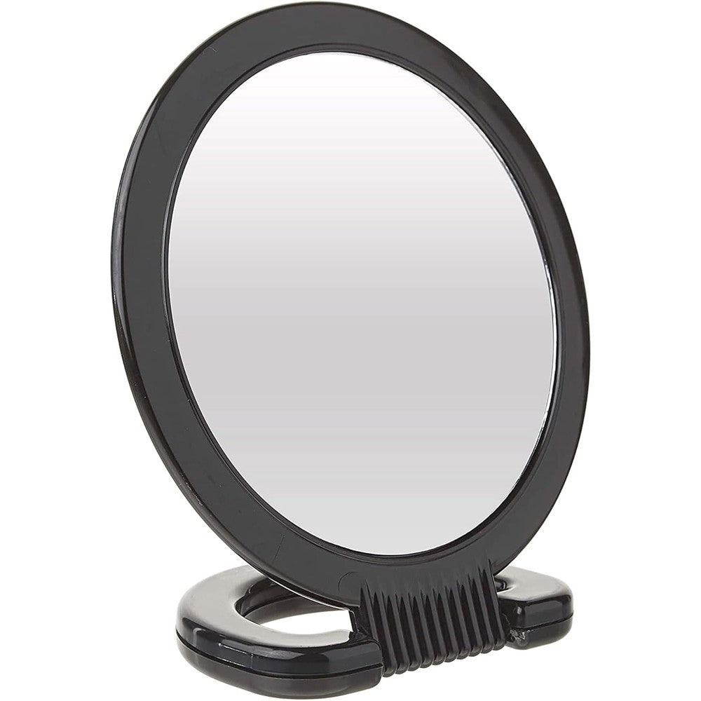 Diane plastic handheld mirror front view showing the clear six inch glass surface and sleek black frame.