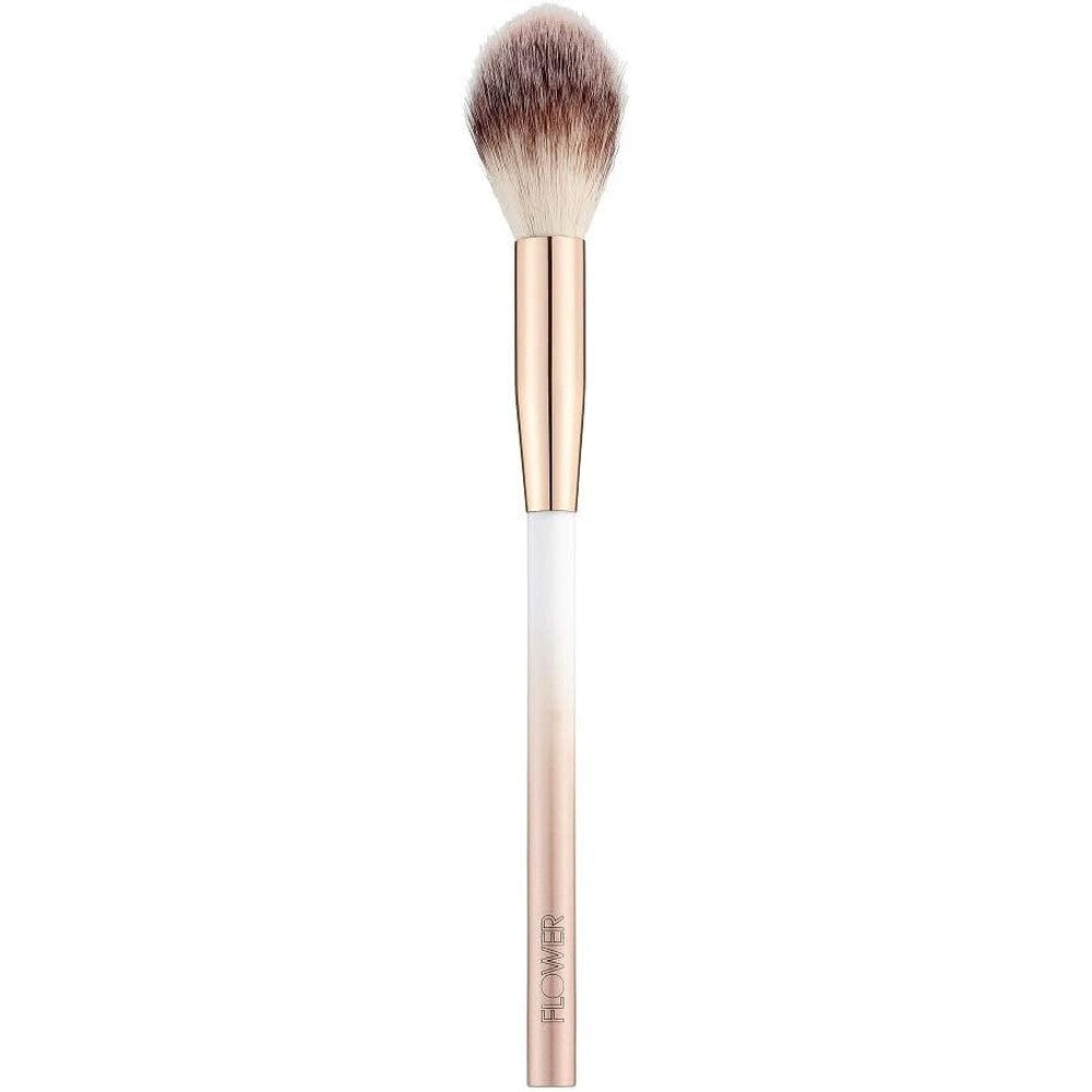 Flower Beauty Precision Blush Brush front view featuring rose gold and white handle with tapered synthetic bristles.