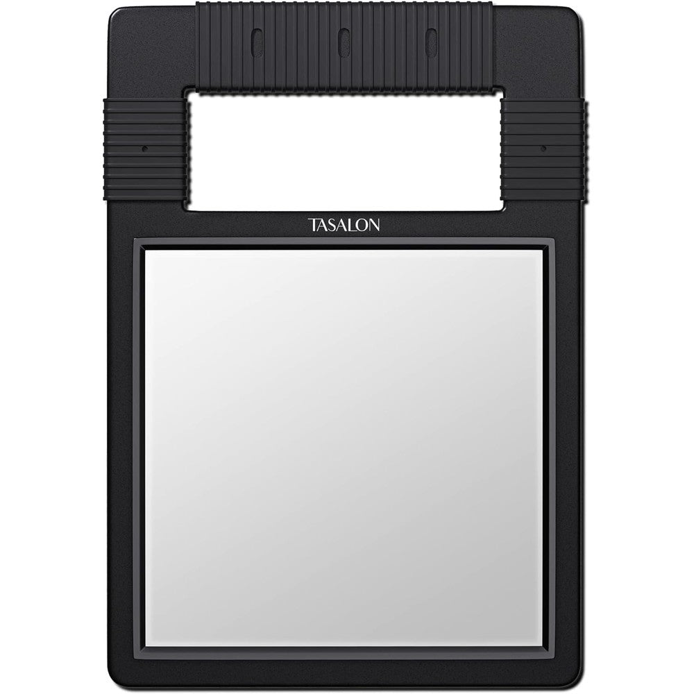 TASALON unbreakable handheld mirror front view showing the clear rectangular HD tempered glass