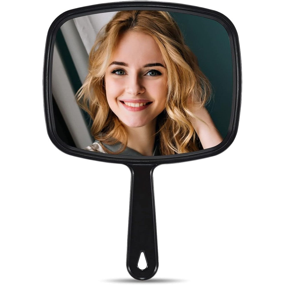 MIRRORNOVA handheld barber mirror front view showing square black frame and clear glass reflective surface