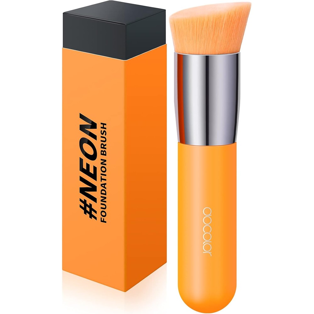 Docolor Angled Kabuki Foundation Brush front view in neon orange color box packaging.