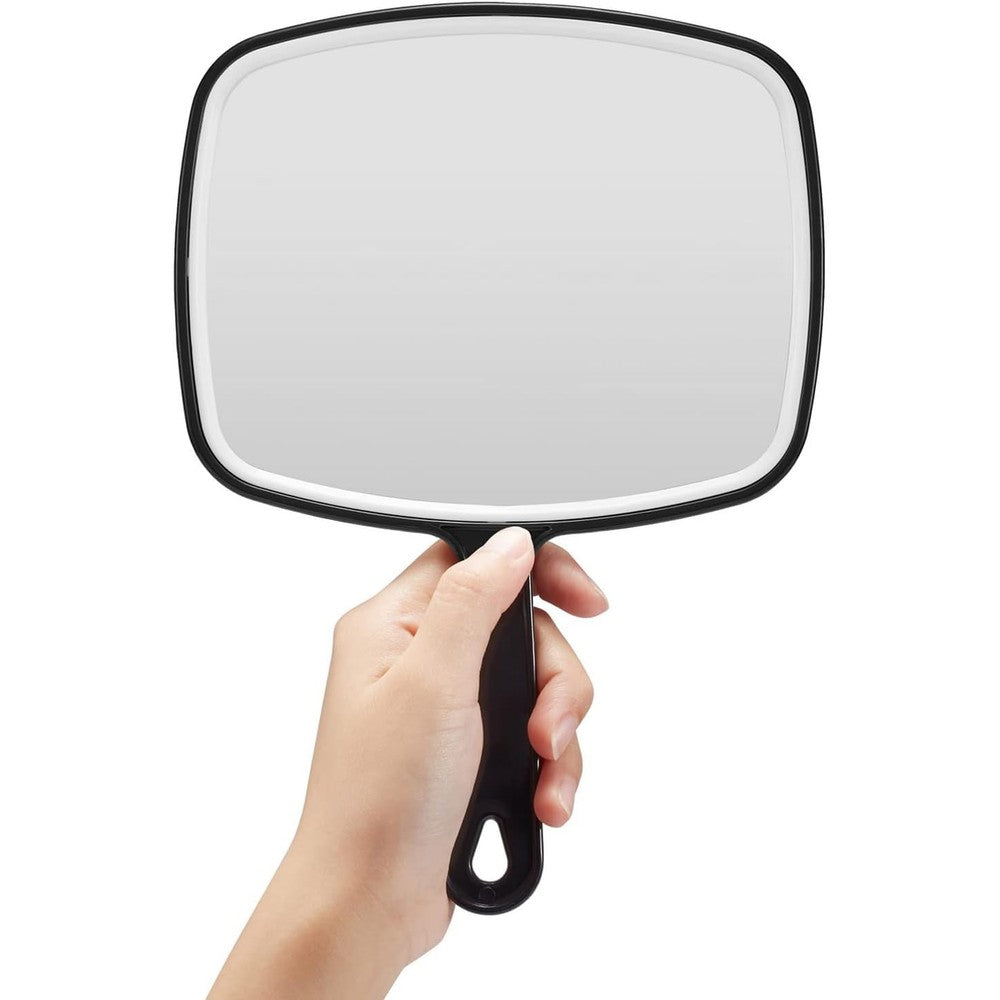 OMIRO black handheld mirror front view displaying distortion free reflection glass