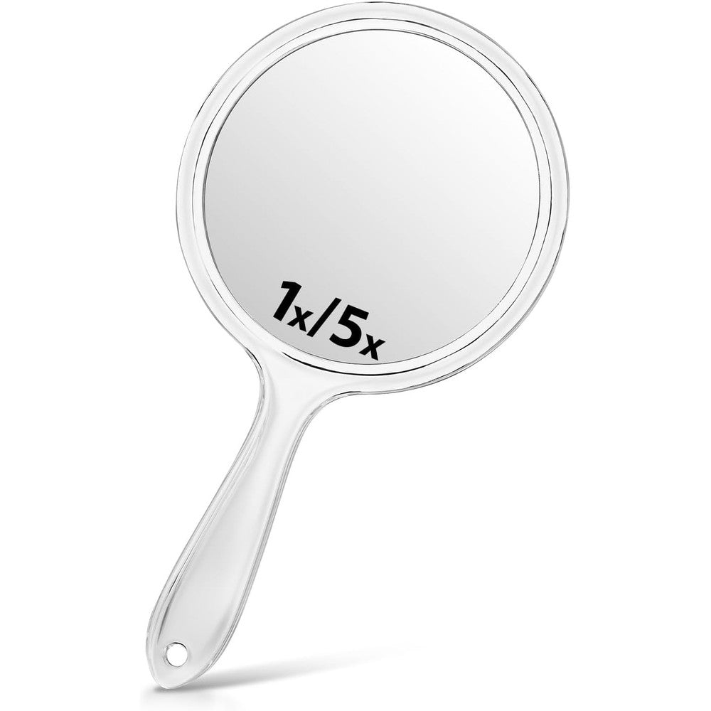 Macaki Hand Mirror front view showcasing the clear acrylic frame and distortion free glass reflection.