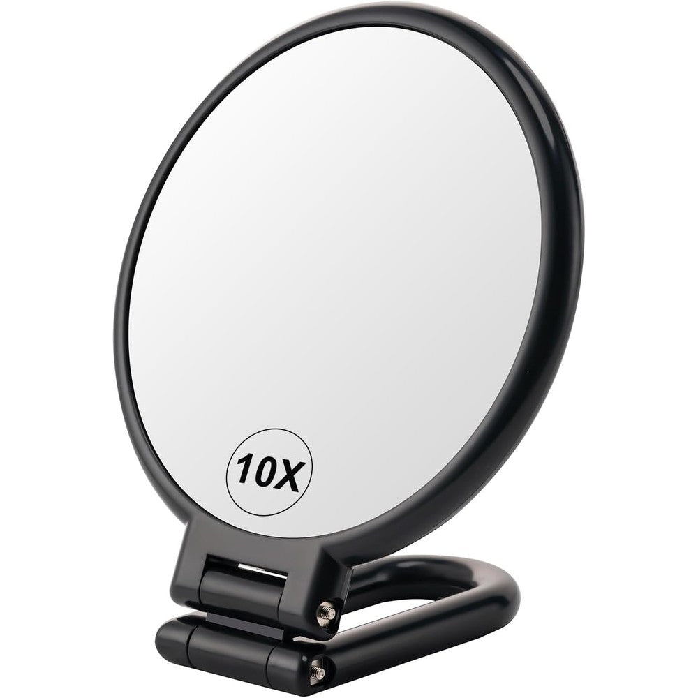 Boomiboo double sided magnifying handheld mirror front view displaying the black frame and high definition glass.
