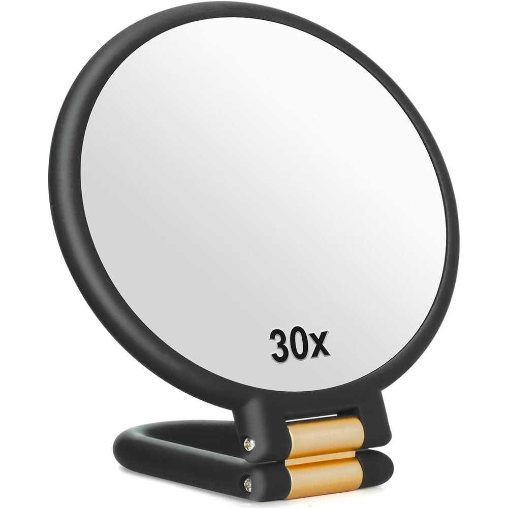 Sifolo 30x magnifying handheld mirror front view displaying the clear glass surface and sleek black frame.