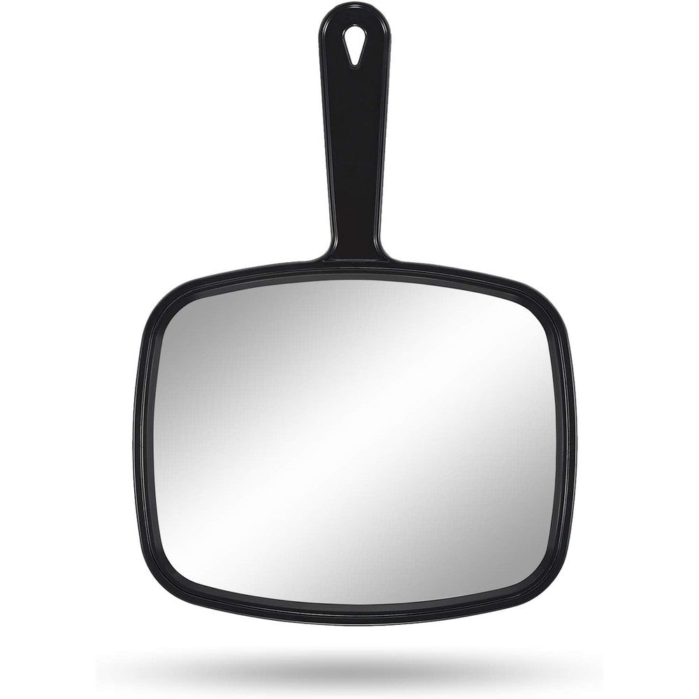 Gladmart PROTECLE large handheld salon barber mirror front view showcasing the clear glass surface and sleek black frame.