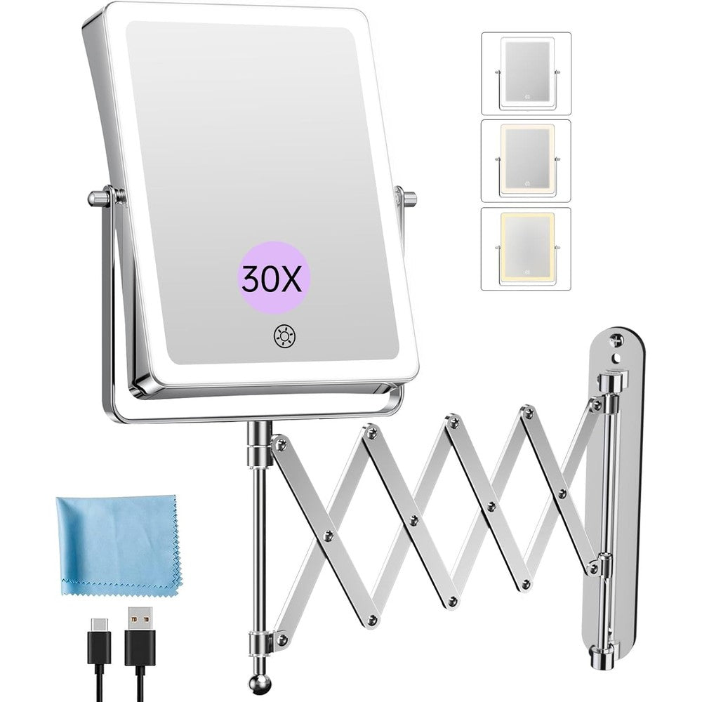Fascinate wall mounted rechargeable makeup mirror with chrome finish