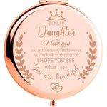 Soulpetals daughter makeup compact mirror front view showing engraved message on rose gold exterior.