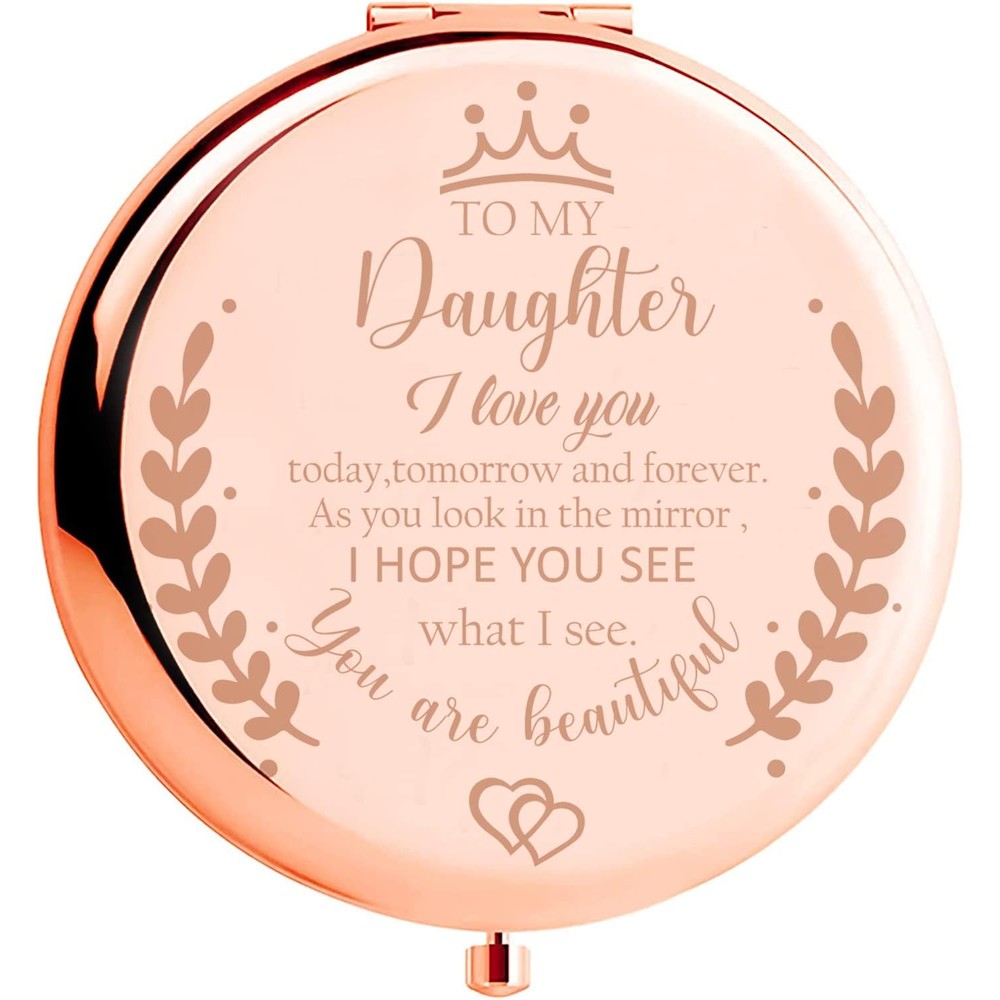 Soulpetals daughter makeup compact mirror front view showing engraved message on rose gold exterior.