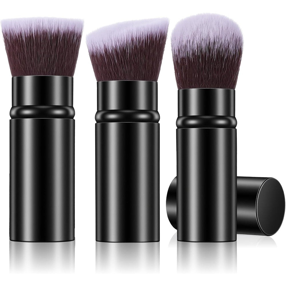 Cobee 3 Pack Retractable Makeup Brush Set Portable Kabuki Foundation Blending Brushes For Powder Blush Bronzer And Concealer Black Grey - Image 1
