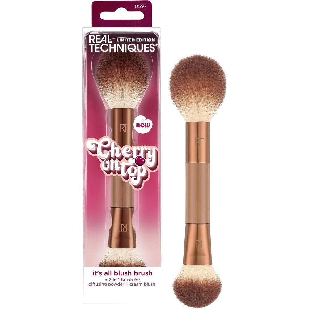 Real Techniques Cherry On Top dual ended blush brush front view showing synthetic bristles