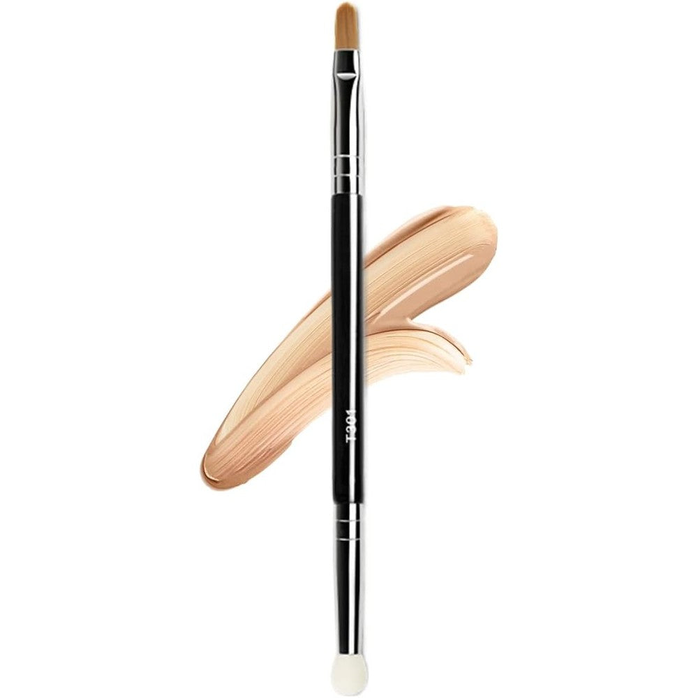 Ksvsonrvi double ended concealer brush front view showing synthetic bristles and mini sponge head