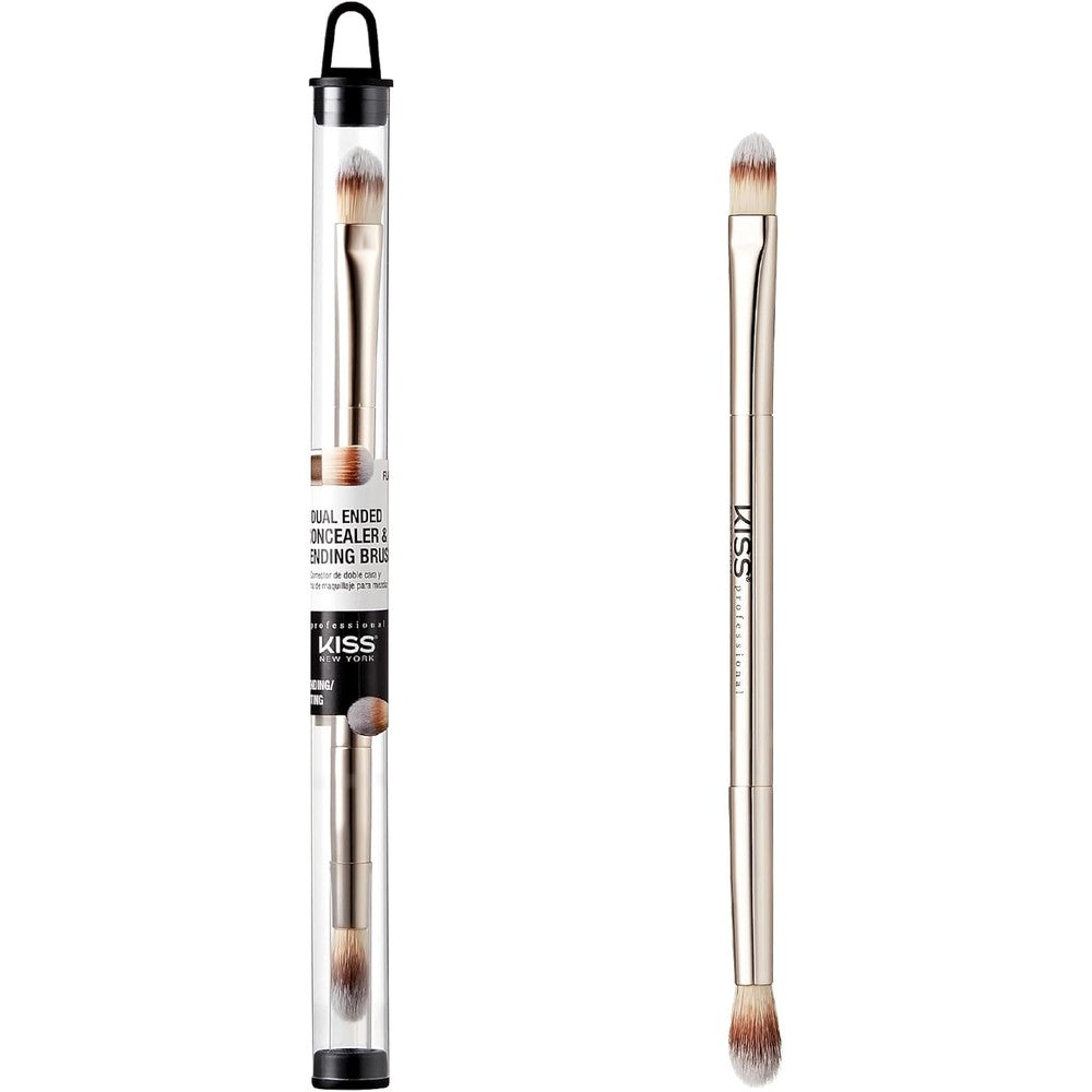 KISS NEW YORK Professional Dual Ended Concealer and Blending Brush front view inside its clear protective storage tube with branded black labeling.