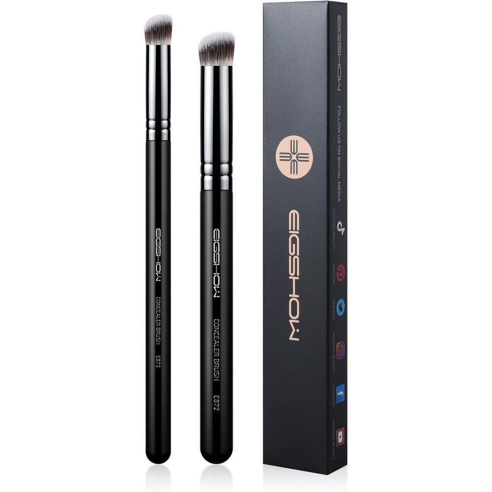 EIGSHOW Angled Under Eye Concealer Brush Set showing front view of two professional premium synthetic makeup brushes.