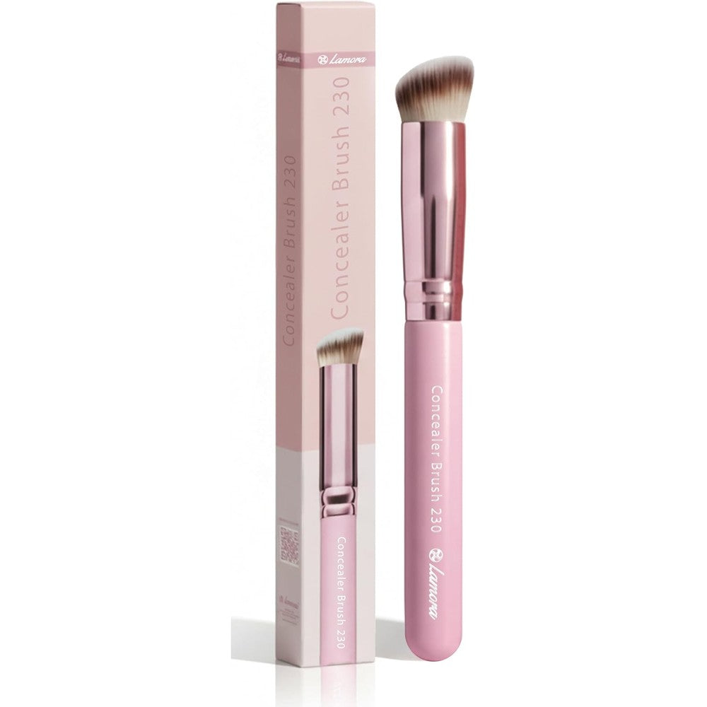 Lamora Concealer Makeup Brush front view angled kabuki head pink handle