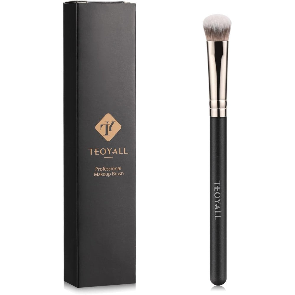 TEOYALL Under Eye Concealer Brush front view showing the flat angled synthetic bristles and black starry wood handle.