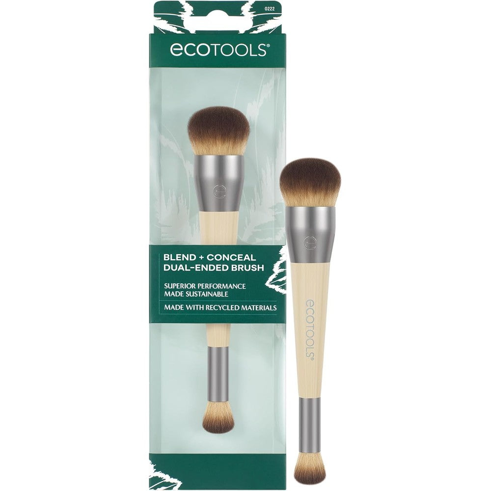 EcoTools Blend and Conceal Dual-Ended Makeup Brush showcasing the foundation and concealer synthetic bristle heads with a sustainable bamboo handle
