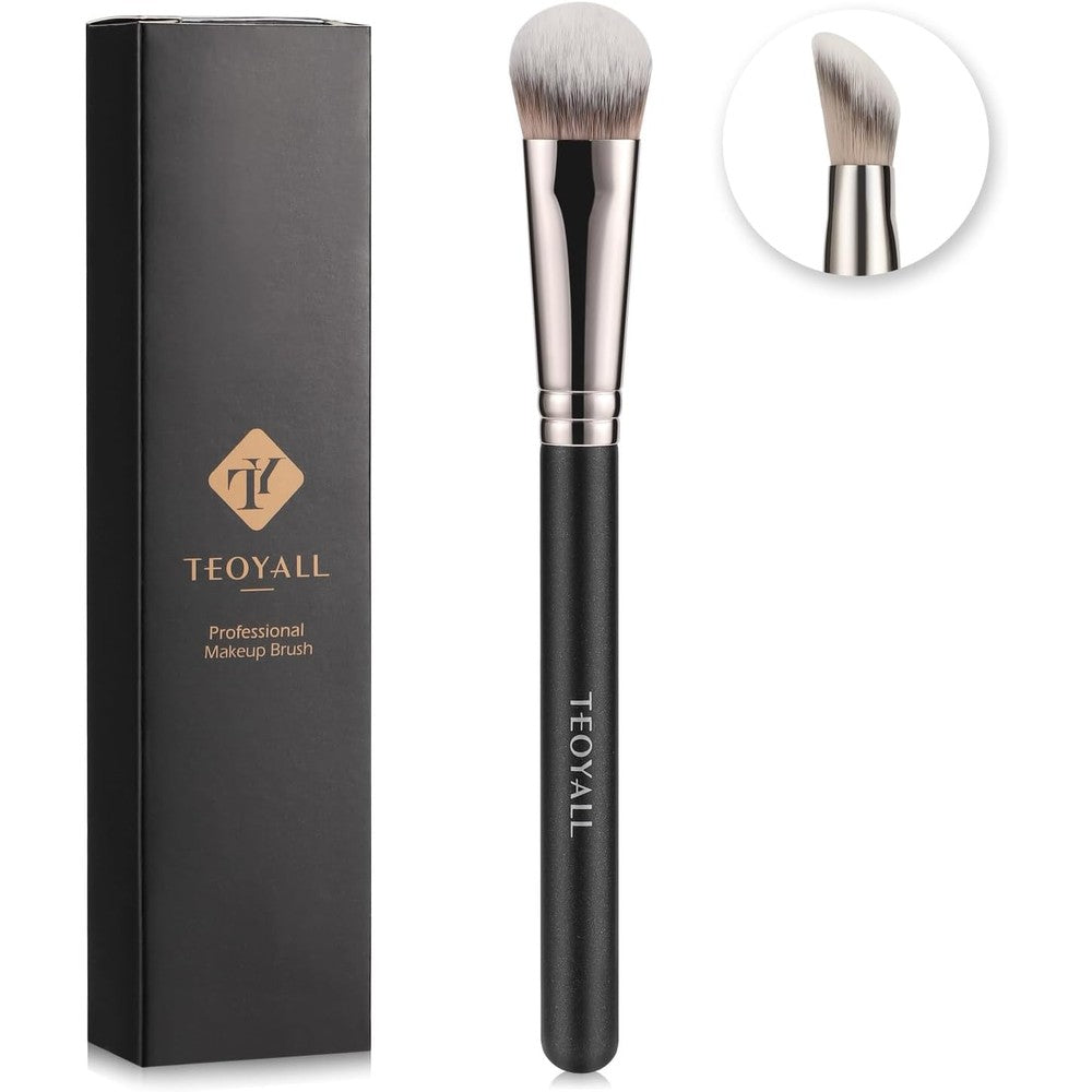 TEOYALL angled concealer brush front view showing the dense synthetic flat slanted head and black wooden handle