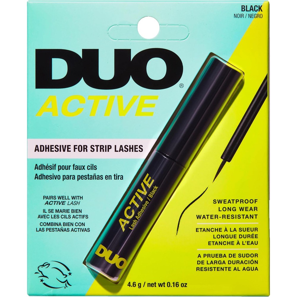 DUO Active Black Adhesive for Strip Lashes front view packaging showing the tube and activewear formula branding.