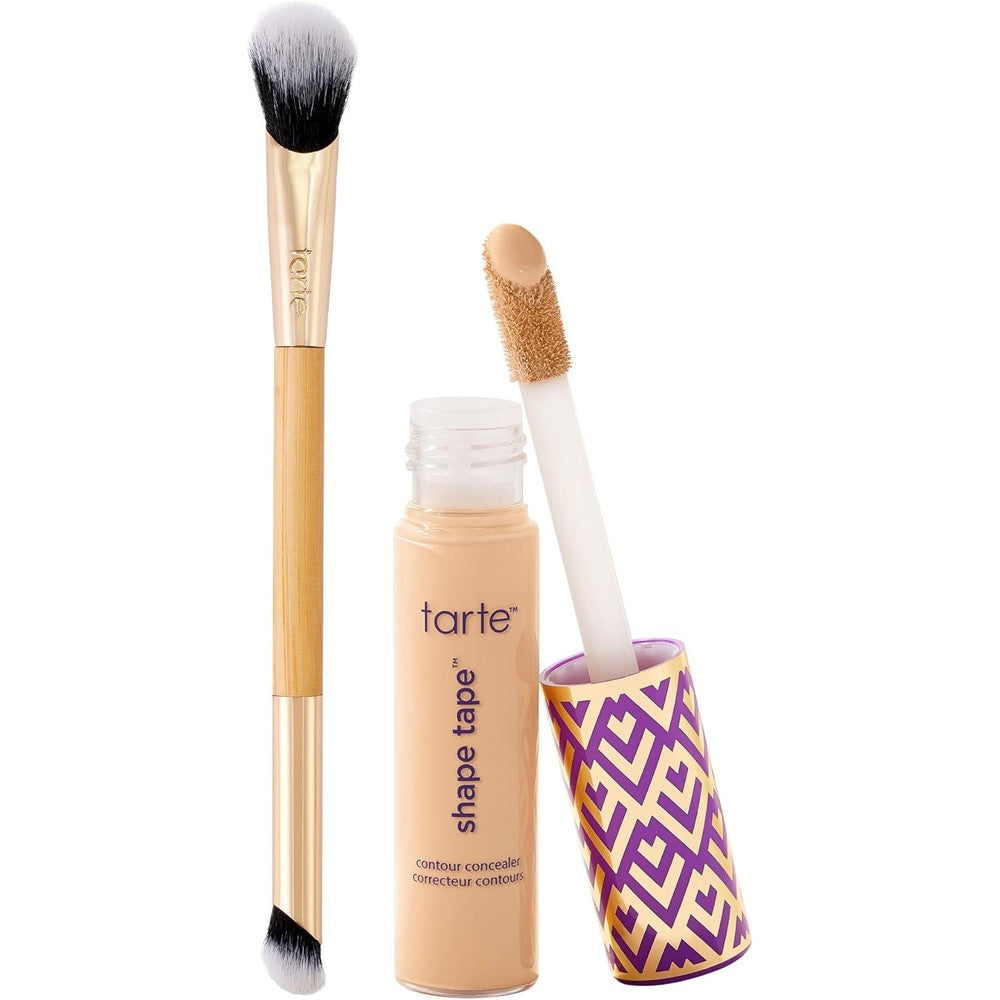 Tarte Shape Tape full coverage liquid concealer tube with its double ended quickie blending brush set front view