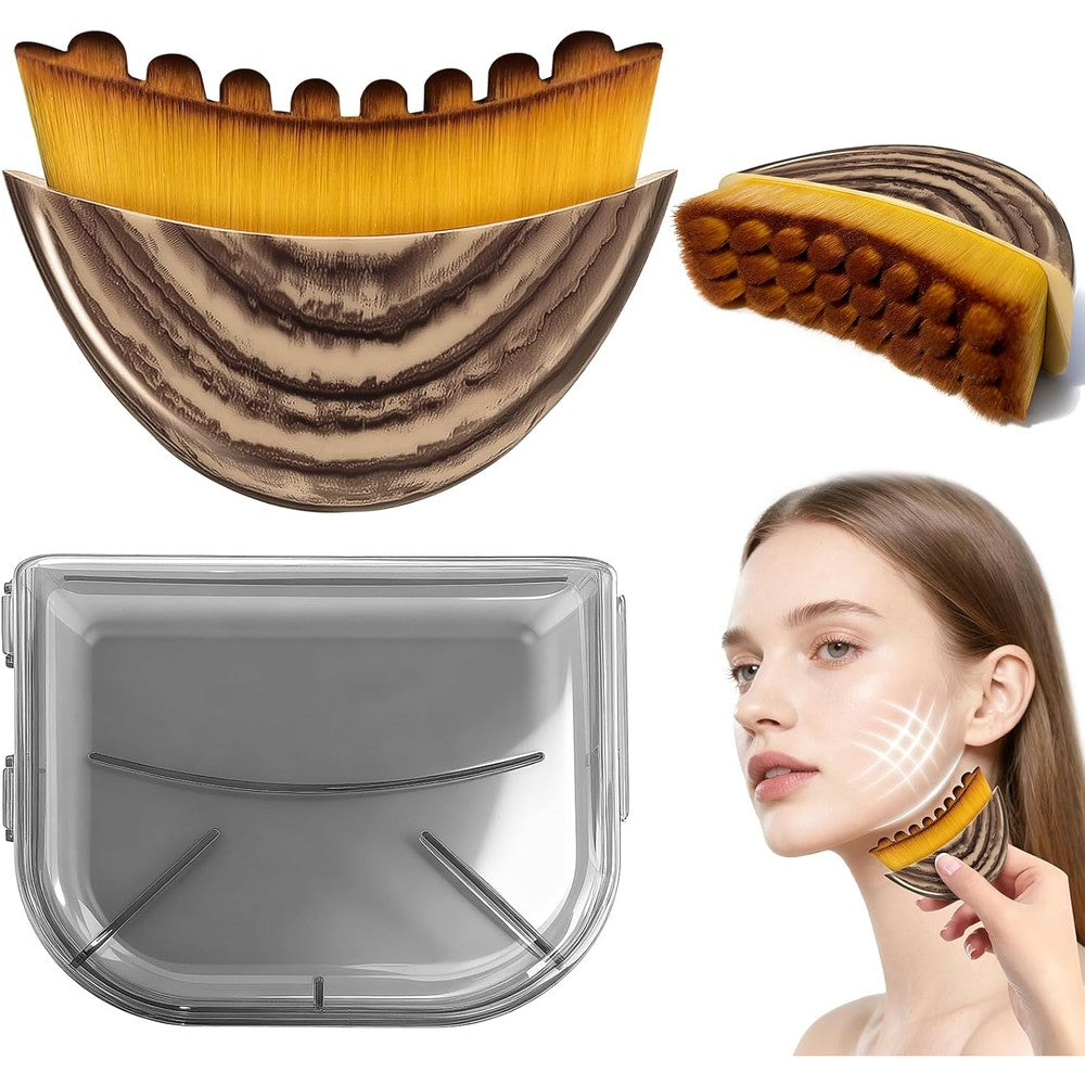 XILIUYUZ lymphatic contour face brush front view showing the brown wood grain finish and arched soft bristles.