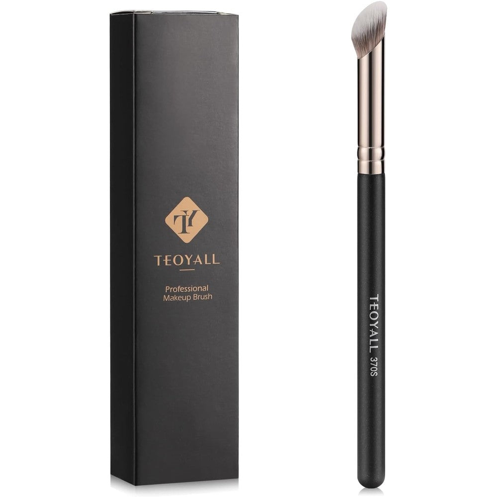TEOYALL Mini Nose Contour Brush 370S front view featuring black angled synthetic bristles and matte black wooden handle