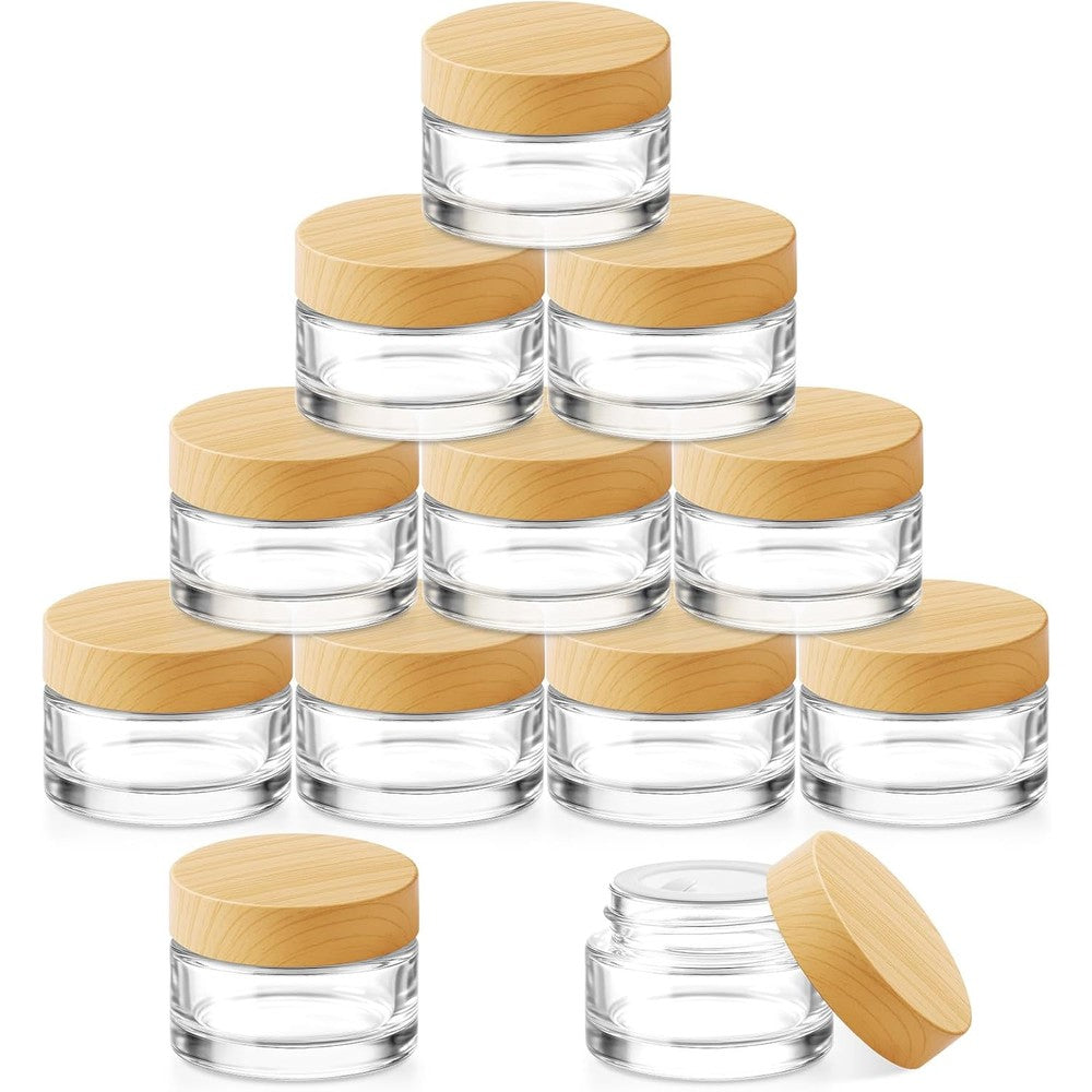 Bumobum 12 piece glass cosmetic jars with wood grain lids front view